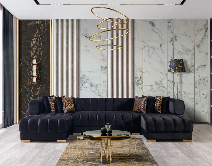 Ariana black velvet double chaise sectional (Arianablack-sec)