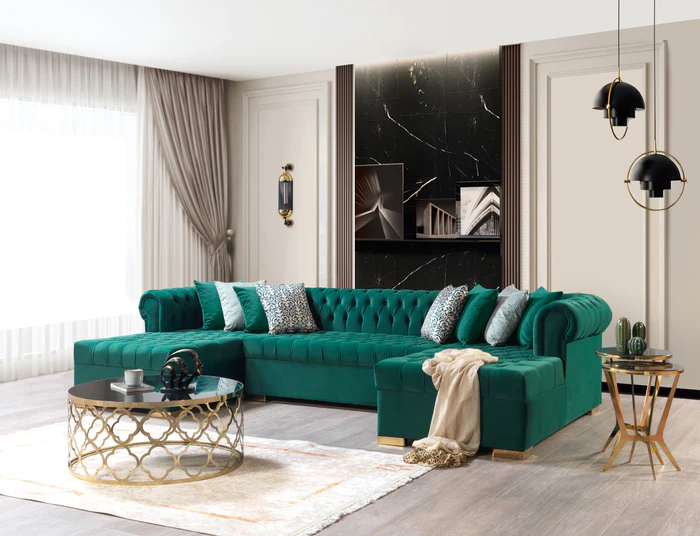 Lauren Green Velvet Double Chaise Sectional (LAURENGREEN-SEC)