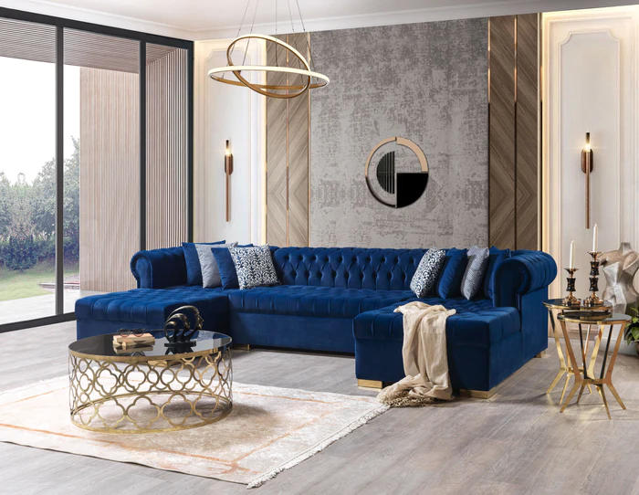Lauren Navy Velvet Double Chaise Sectional (LAURENBLUE-SEC)