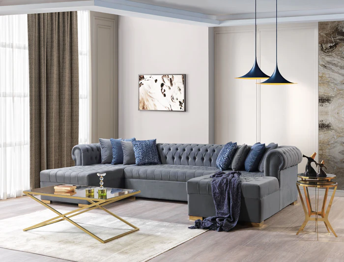 Lauren Gray Velvet Double Chaise Sectional (LAURENGRAY-SEC)