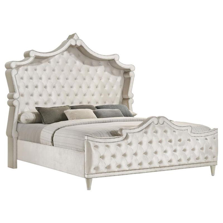Antonella 4-Piece California King Upholstered Tufted Bedroom Set Ivory and Camel (223521KW-S4)
