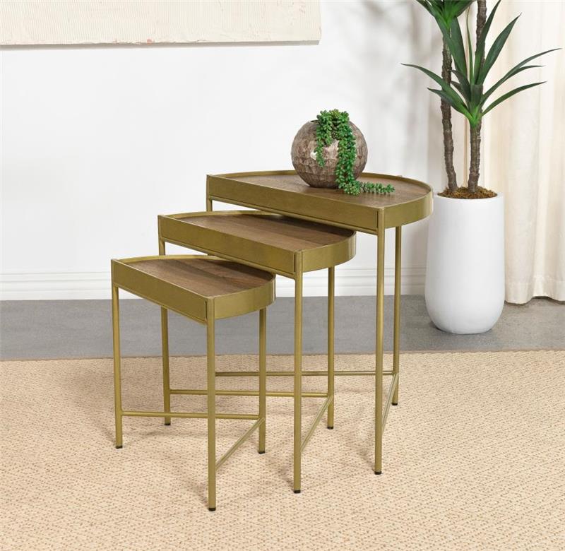 Tristen 3-Piece Demilune Nesting Table With Recessed Top Brown and Gold (936156)