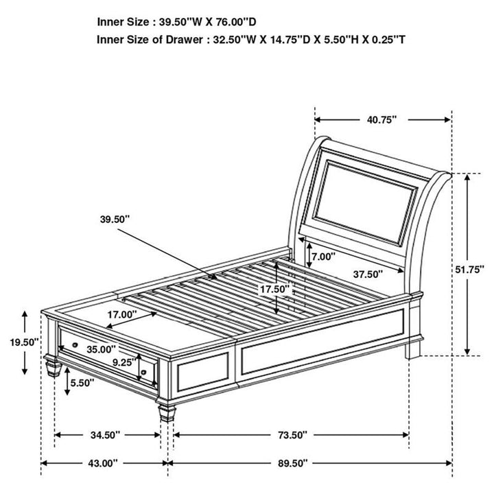 Selena Twin Sleigh Bed with Footboard Storage Cream White (400239T)