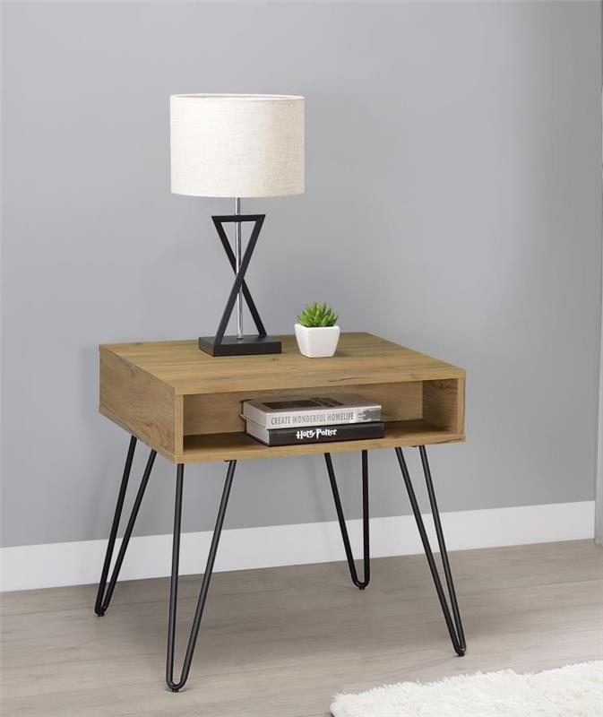 Fanning Square End Table with Open Compartment Golden Oak and Black (723367)