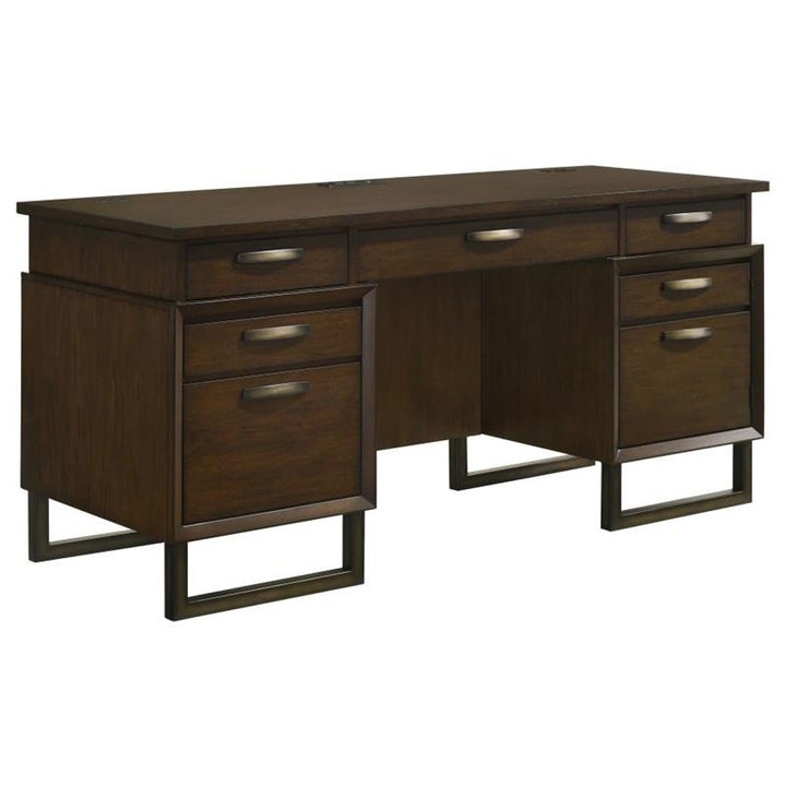 Marshall 5-drawer Credenza Desk With Power Outlet Dark Walnut and Gunmetal (881292)