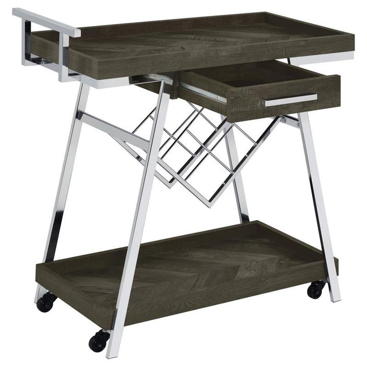 Kinney 2-tier Bar Cart with Storage Drawer Rustic Grey and Chrome (181025)