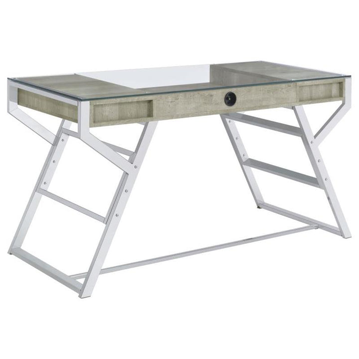 Emelle 2-drawer Glass Top Writing Desk Grey Driftwood and Chrome (882116)