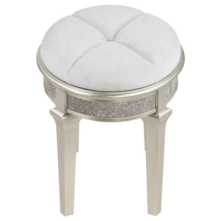 Evangeline Oval Vanity Stool with Faux Diamond Trim Silver and Ivory (223399)