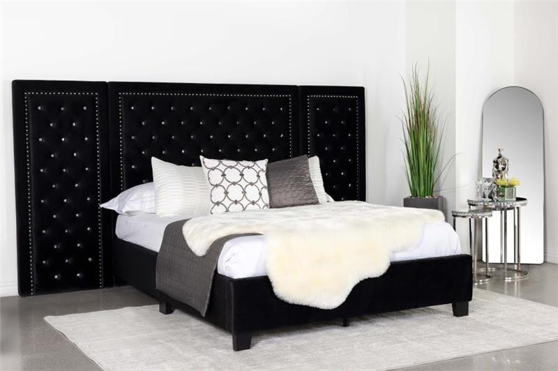 Hailey Upholstered Platform Eastern King Bed with Wall Panel Black (315925KE-SP)