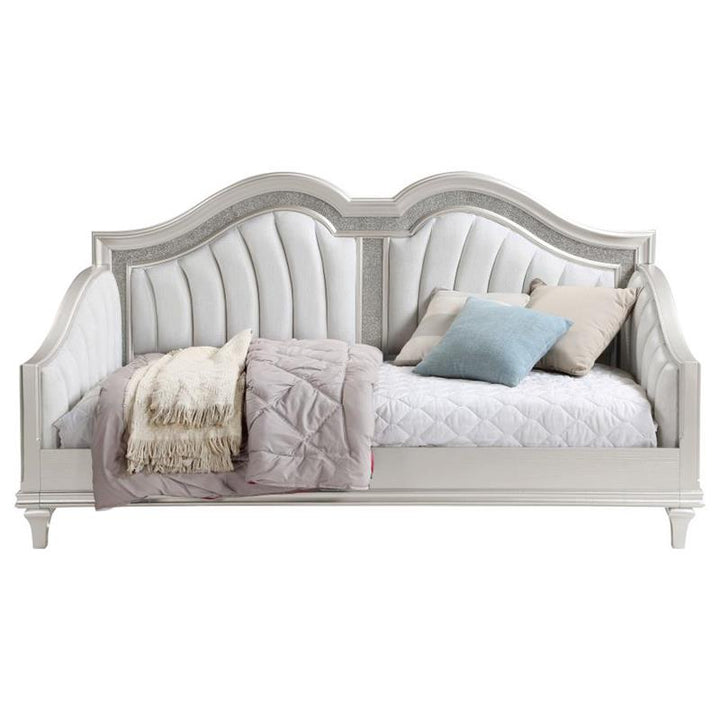 Evangeline Upholstered Twin Daybed with Faux Diamond Trim Silver and Ivory (360121)