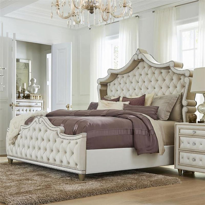 Antonella Upholstered Tufted California King Bed Ivory and Camel (223521KW)