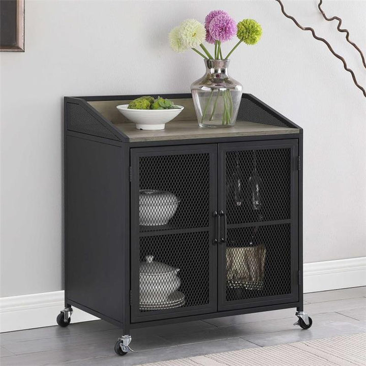 Arlette Wine Cabinet with Wire Mesh Doors Grey Wash and Sandy Black (183476)