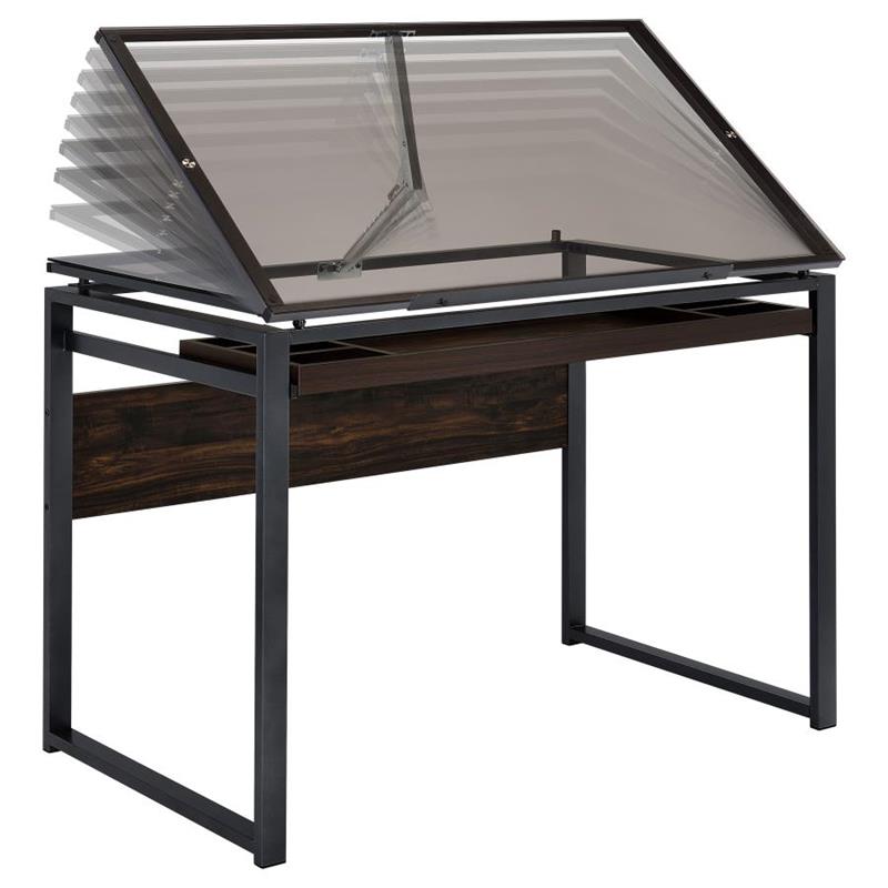 Pantano Glass Top Drafting Desk Dark Gunmetal and Chestnut (805571)