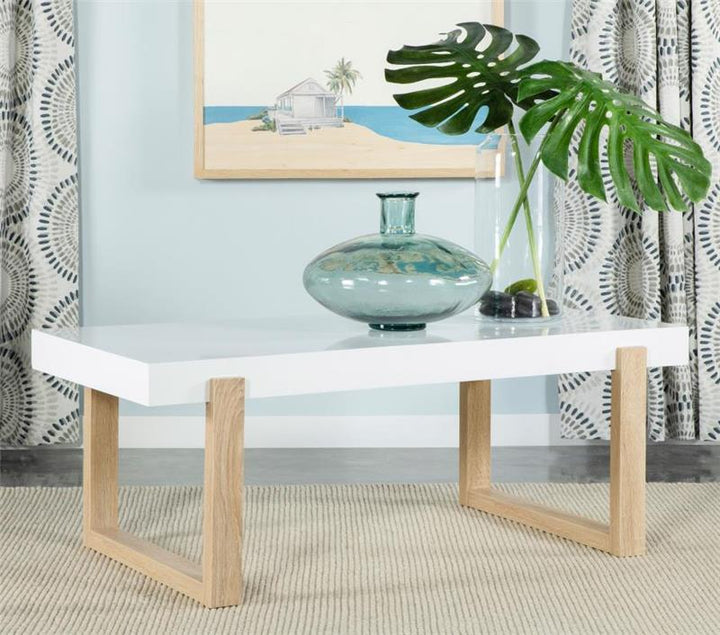 Pala Rectangular Coffee Table with Sled Base White High Gloss and Natural (753398)