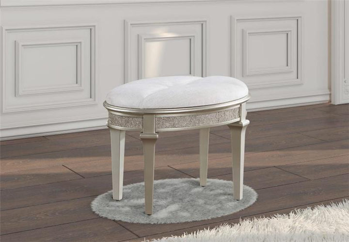 Evangeline Oval Vanity Stool with Faux Diamond Trim Silver and Ivory (223399)