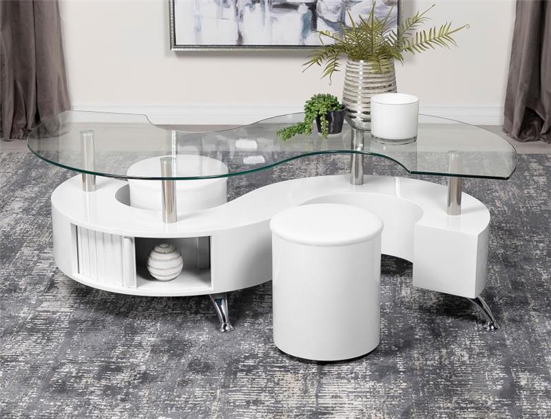 Buckley Curved Glass Top Coffee Table With Stools White High Gloss (703400)