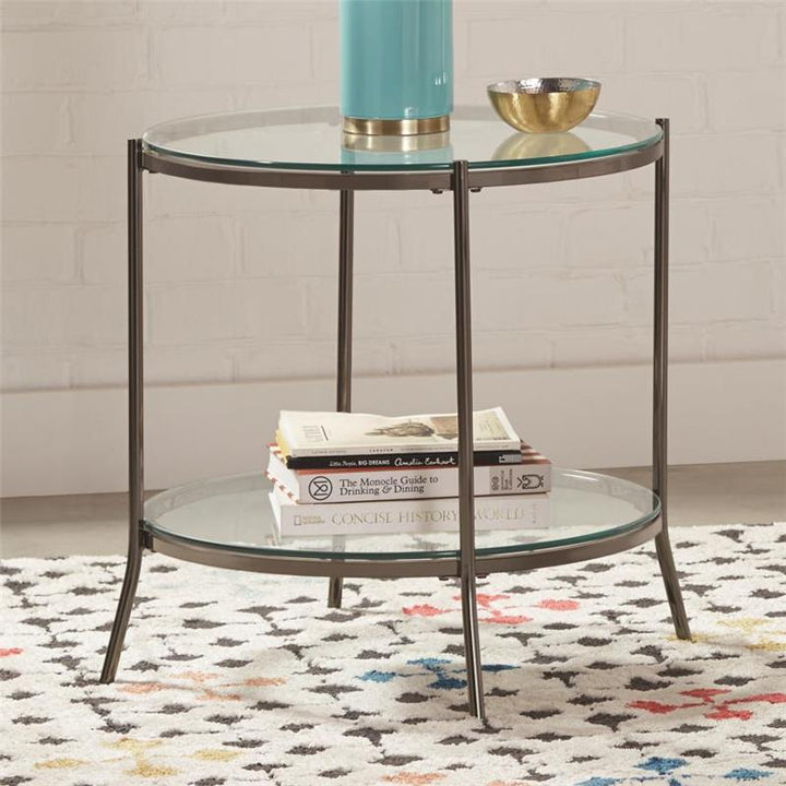 Laurie Round Glass Top End Table Black Nickel and Clear (723267)