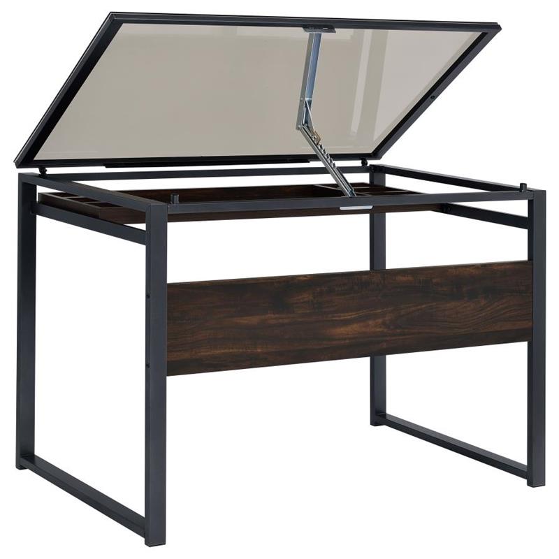 Pantano Glass Top Drafting Desk Dark Gunmetal and Chestnut (805571)