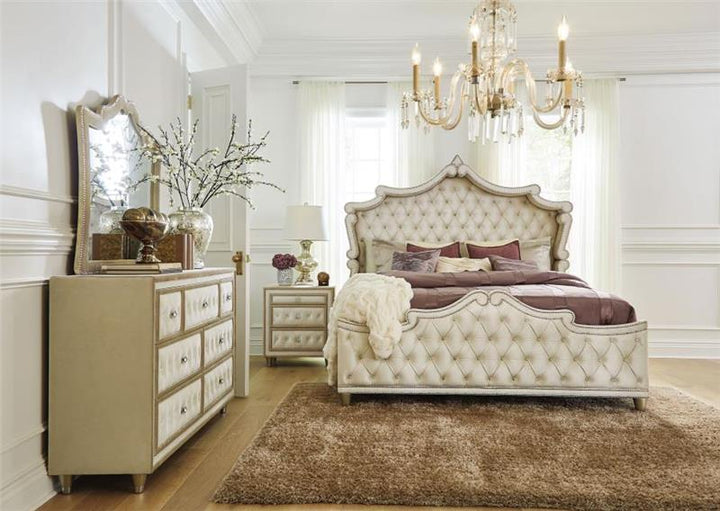 Antonella 4-Piece California King Upholstered Tufted Bedroom Set Ivory and Camel (223521KW-S4)