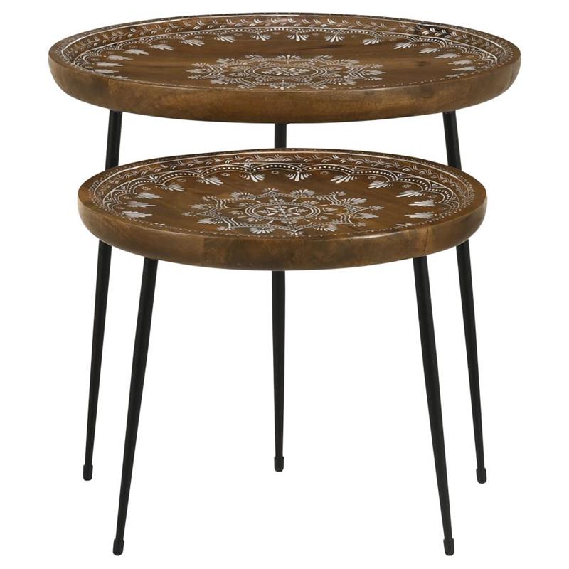 Nuala 2-piece Round Nesting Table with Tripod Tapered Legs Honey and Black (935984)