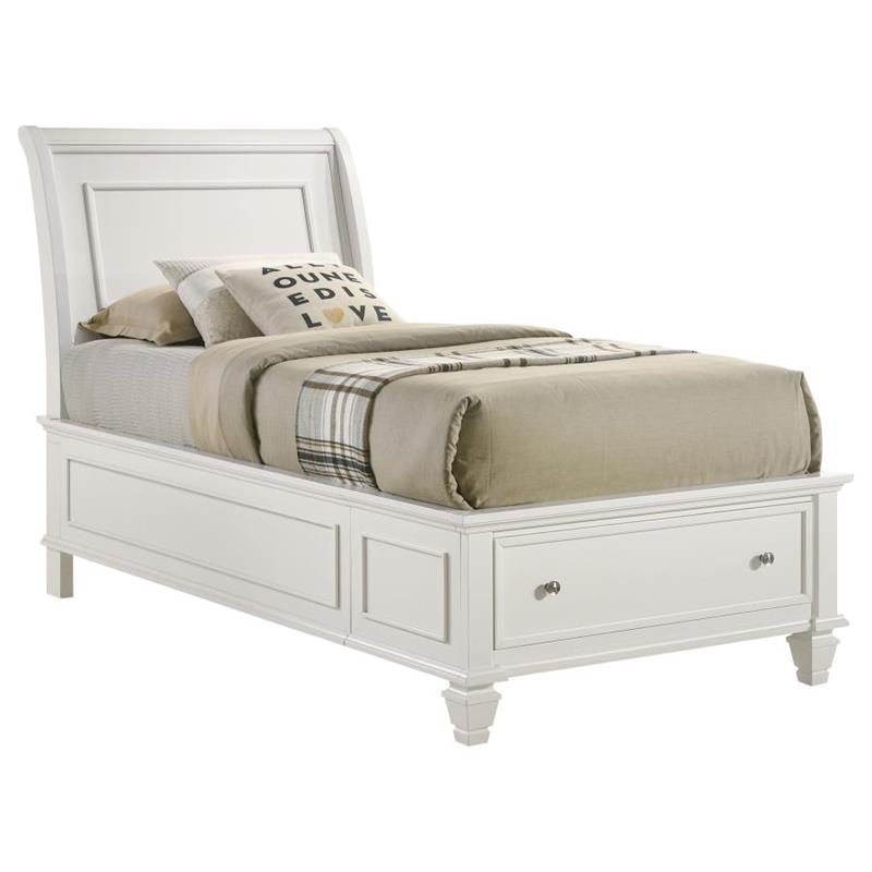 Selena Twin Sleigh Bed with Footboard Storage Cream White (400239T)