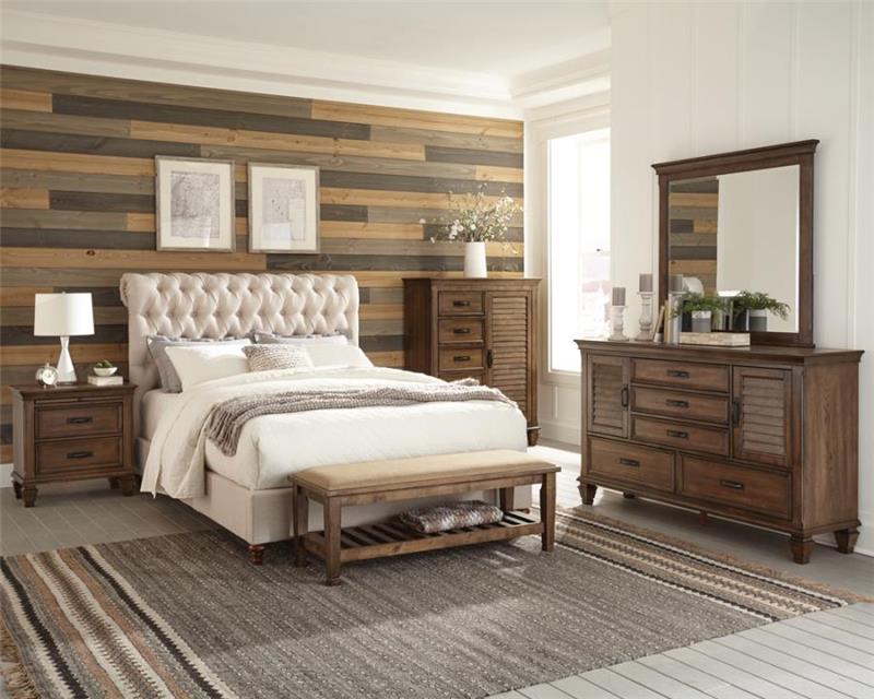 Devon 5-piece Upholstered Eastern King Bedroom Set Beige and Burnished Oak (300525KE-S5)