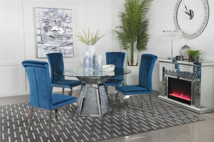 Quinn 5-piece Hexagon Pedestal Dining Room Set Mirror and Teal (115561-S5T)