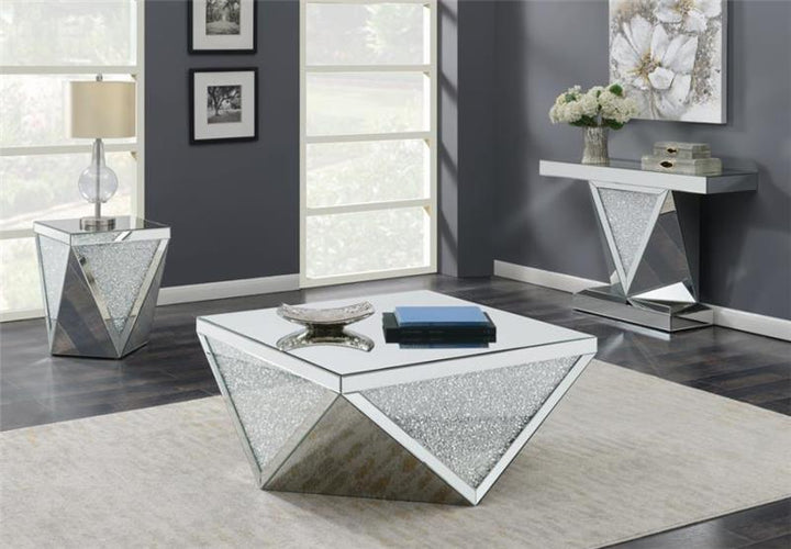 Amore Square End Table with Triangle Detailing Silver and Clear Mirror (722507)