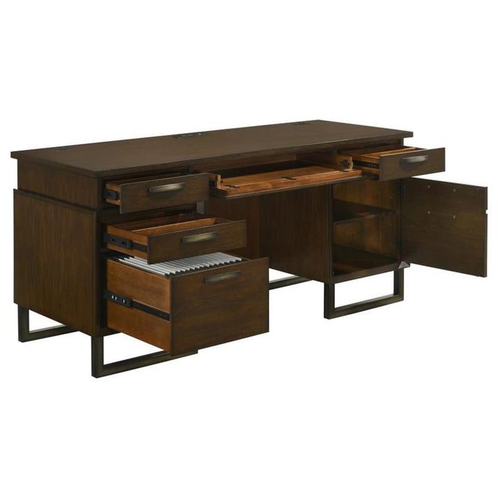 Marshall 5-drawer Credenza Desk With Power Outlet Dark Walnut and Gunmetal (881292)