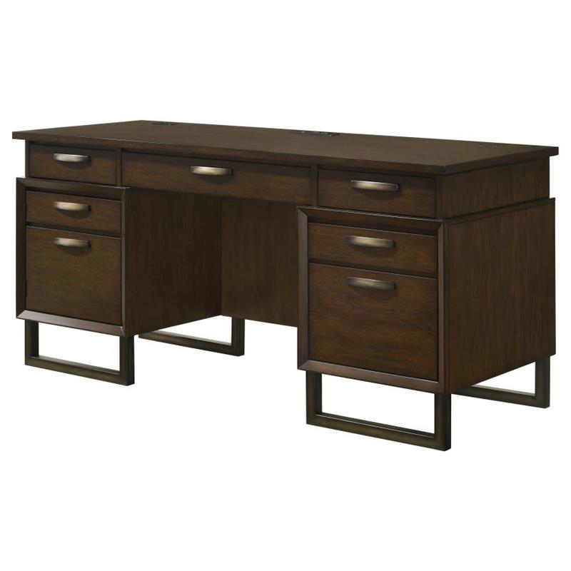 Marshall 5-drawer Credenza Desk With Power Outlet Dark Walnut and Gunmetal (881292)