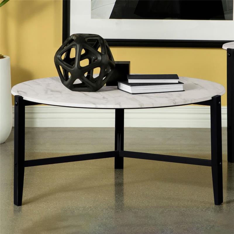 Tandi Round Coffee Table Faux White Marble and Black (753538)