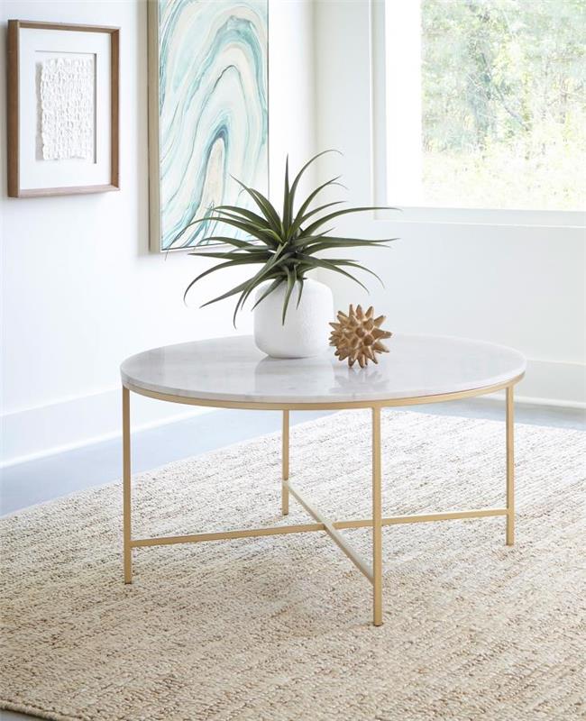 Ellison Round X-cross Coffee Table White and Gold (723208)