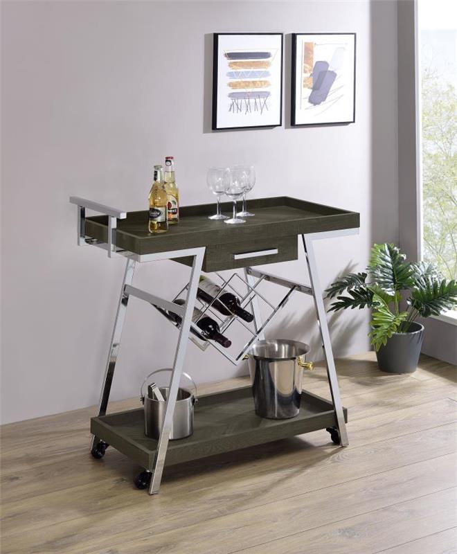 Kinney 2-tier Bar Cart with Storage Drawer Rustic Grey and Chrome (181025)