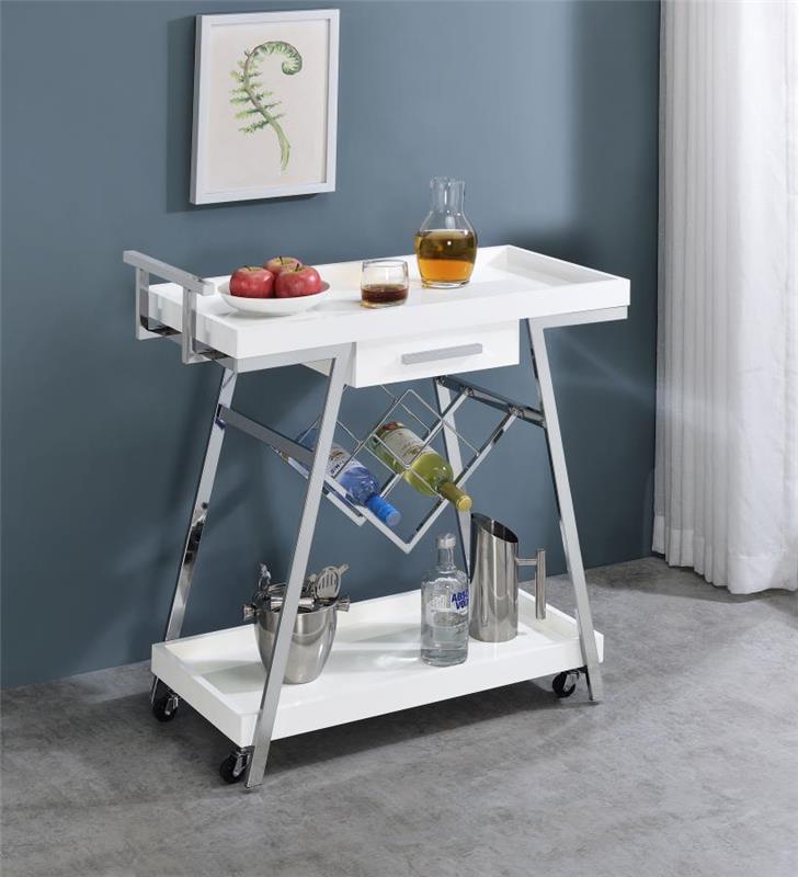 Kinney 2-tier Bar Cart with Storage Drawer White High Gloss and Chrome (181024)