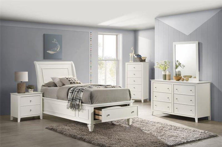 Selena Twin Sleigh Bed with Footboard Storage Cream White (400239T)