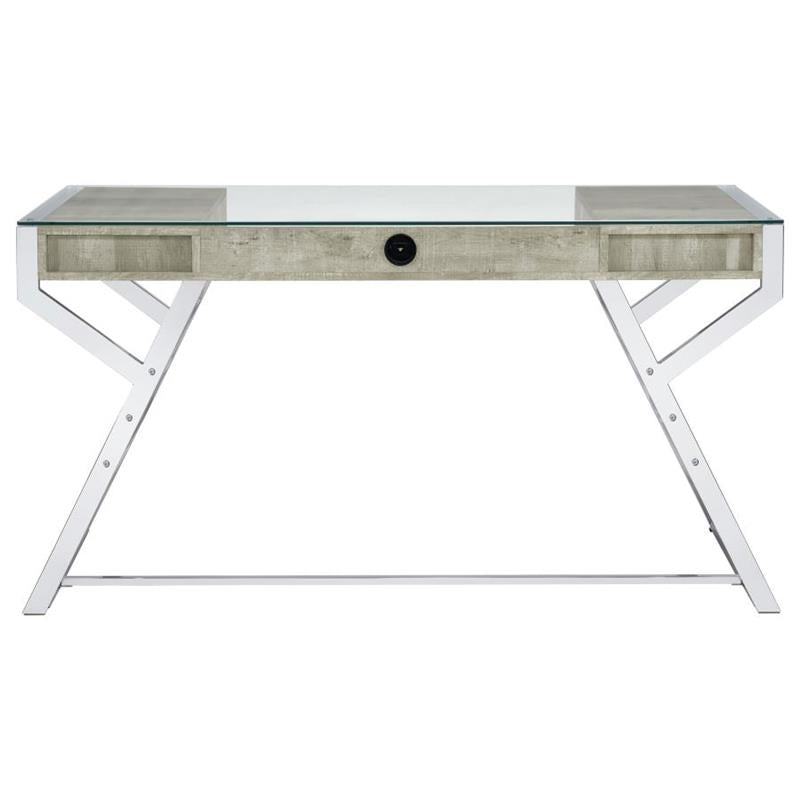 Emelle 2-drawer Glass Top Writing Desk Grey Driftwood and Chrome (882116)