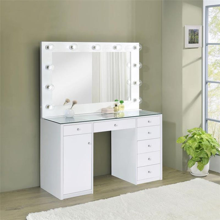 Percy 7-drawer Glass Top Vanity Desk with Lighting White (931143)
