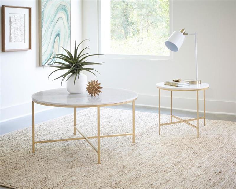 Ellison Round X-cross End Table White and Gold (723207)