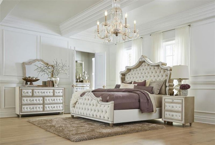 Antonella 5-Piece Eastern King Upholstered Tufted Bedroom Set Ivory and Camel (223521KE-S5)