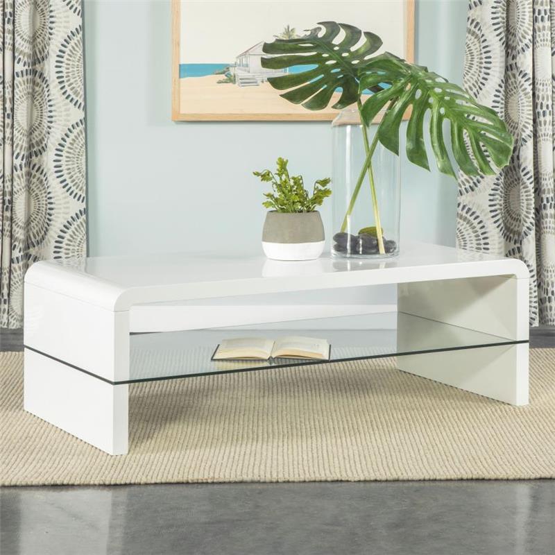 Airell Rectangular Coffee Table with Glass Shelf White High Gloss (703798)
