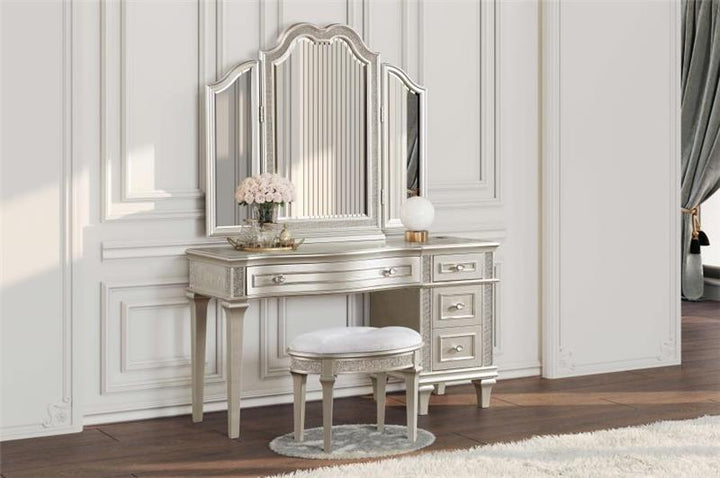 Evangeline Oval Vanity Stool with Faux Diamond Trim Silver and Ivory (223399)