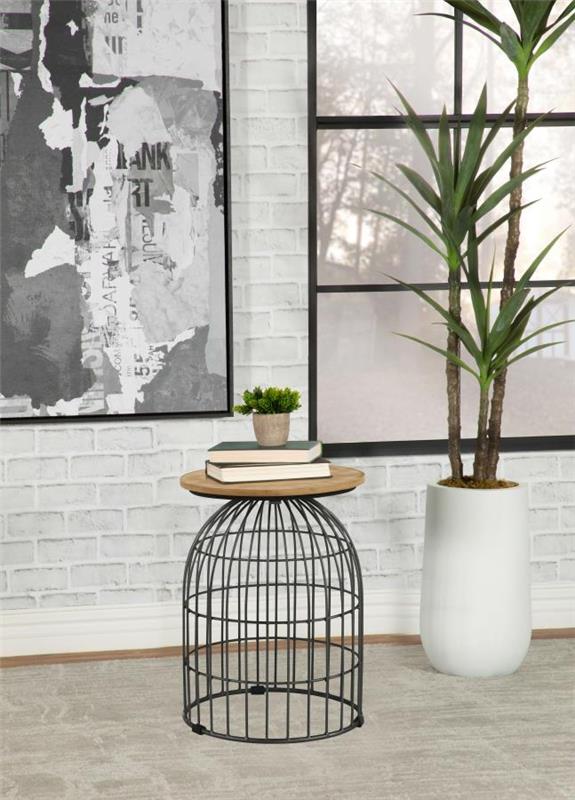 Bernardo Round Accent Table with Bird Cage Base Natural and Gunmetal (935860)