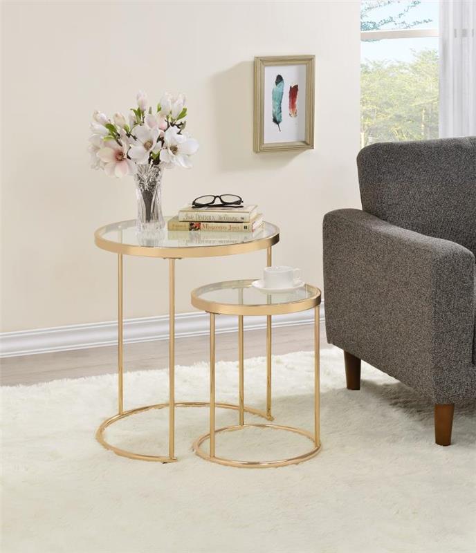 Maylin 2-piece Round Glass Top Nesting Tables Gold (935936)