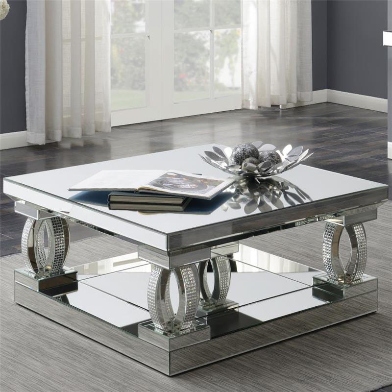 Amalia Square Coffee Table with Lower Shelf Clear Mirror (722518)