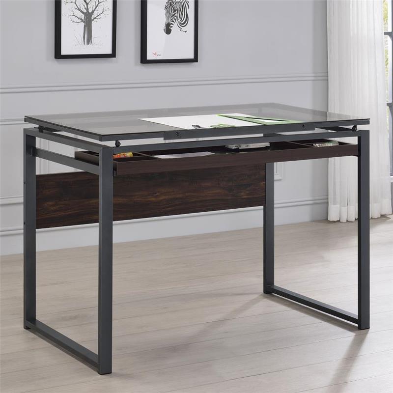 Pantano Glass Top Drafting Desk Dark Gunmetal and Chestnut (805571)