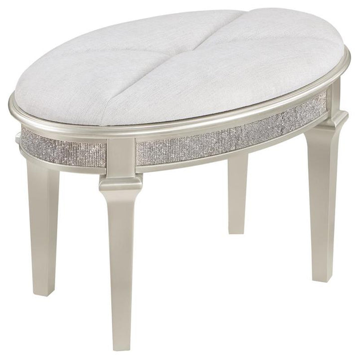 Evangeline Oval Vanity Stool with Faux Diamond Trim Silver and Ivory (223399)