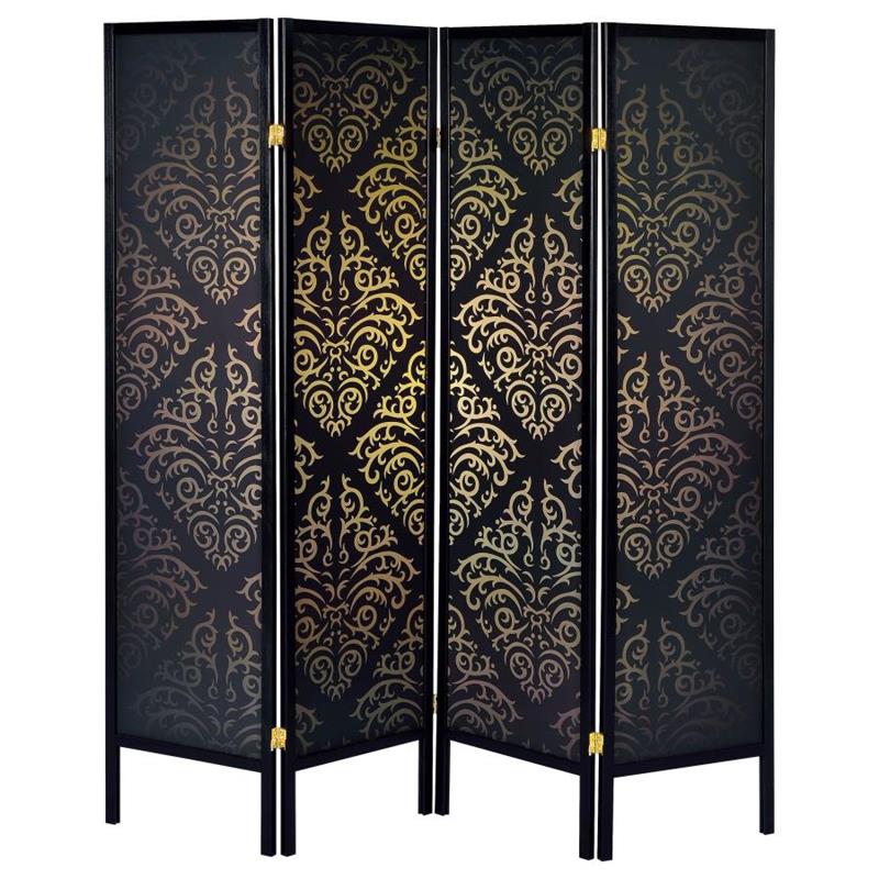 Haidera 4-panel Damask Pattern Folding Screen Black (901632)