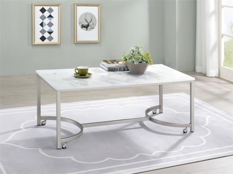 Leona Coffee Table with Casters White and Satin Nickel (721868)