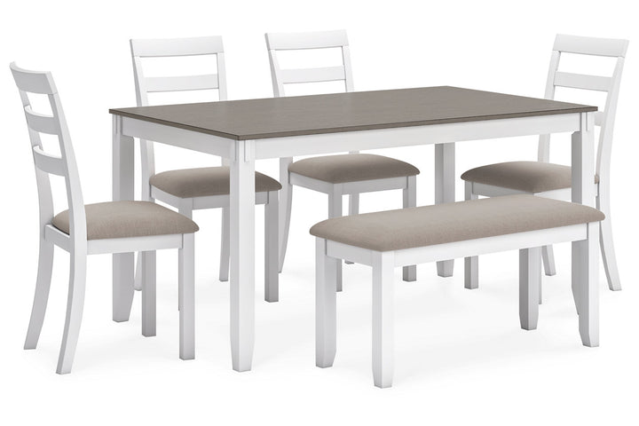 Stonehollow Dining Table and Chairs with Bench (Set of 6) (D382-325)