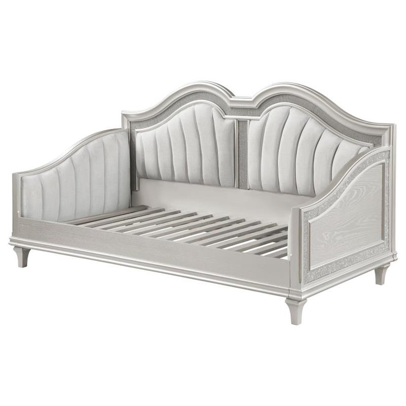 Evangeline Upholstered Twin Daybed with Faux Diamond Trim Silver and Ivory (360121)